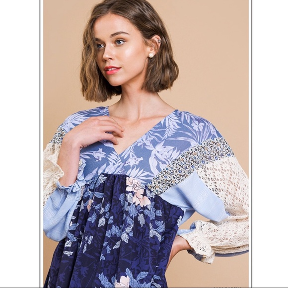 π₯HPπ₯ Mixed Print Lace Puff Sleeve Babydoll Dress - Picture 3 of 6